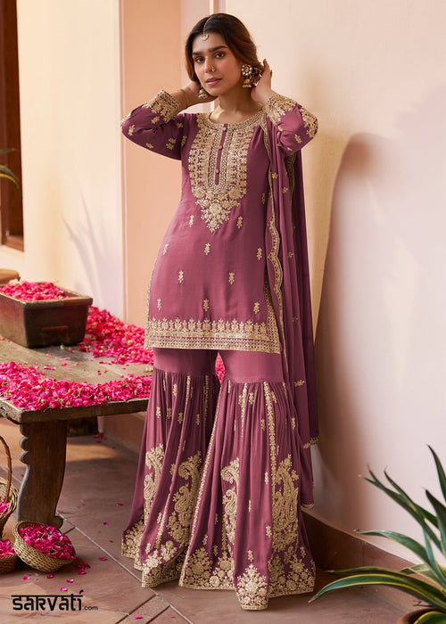 Pearly Purple Chinon Silk Gharara Suit with Intricate Embellishments