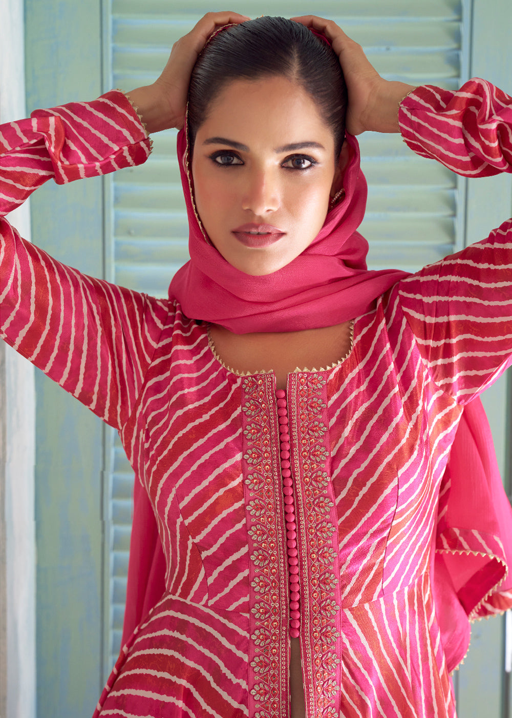 Magenta Pink Chinon Silk Leheriya Palazzo Suit with Mirror Work