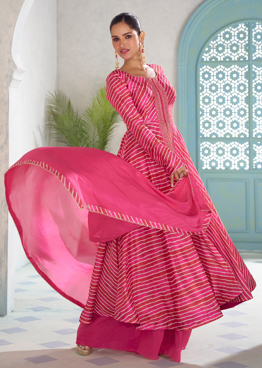 Magenta Pink Chinon Silk Leheriya Palazzo Suit with Mirror Work