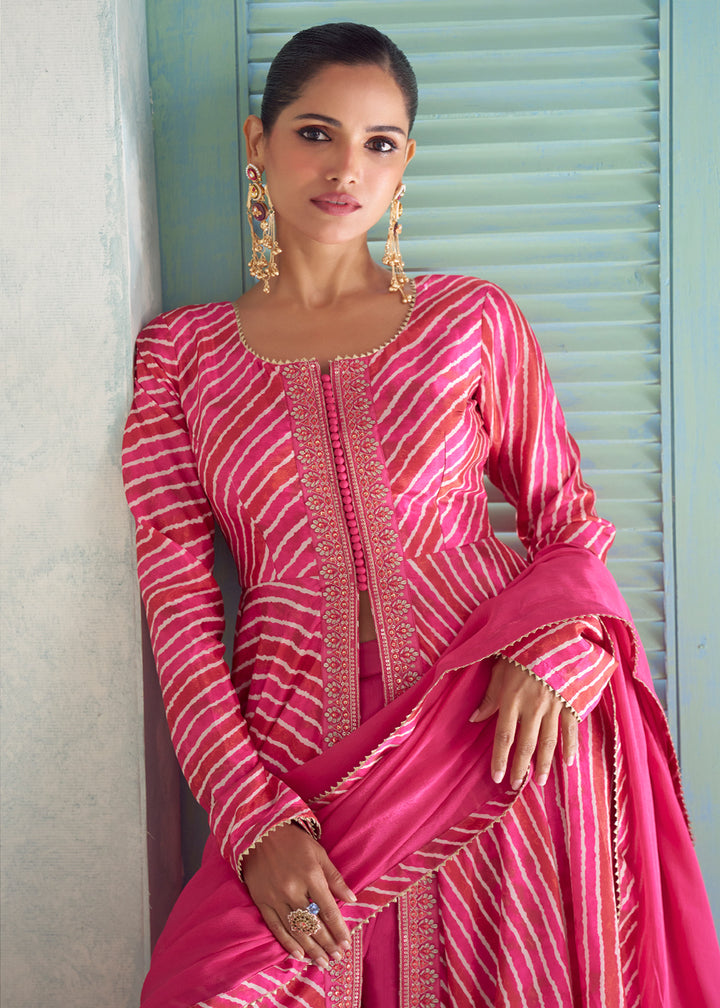 Magenta Pink Chinon Silk Leheriya Palazzo Suit with Mirror Work