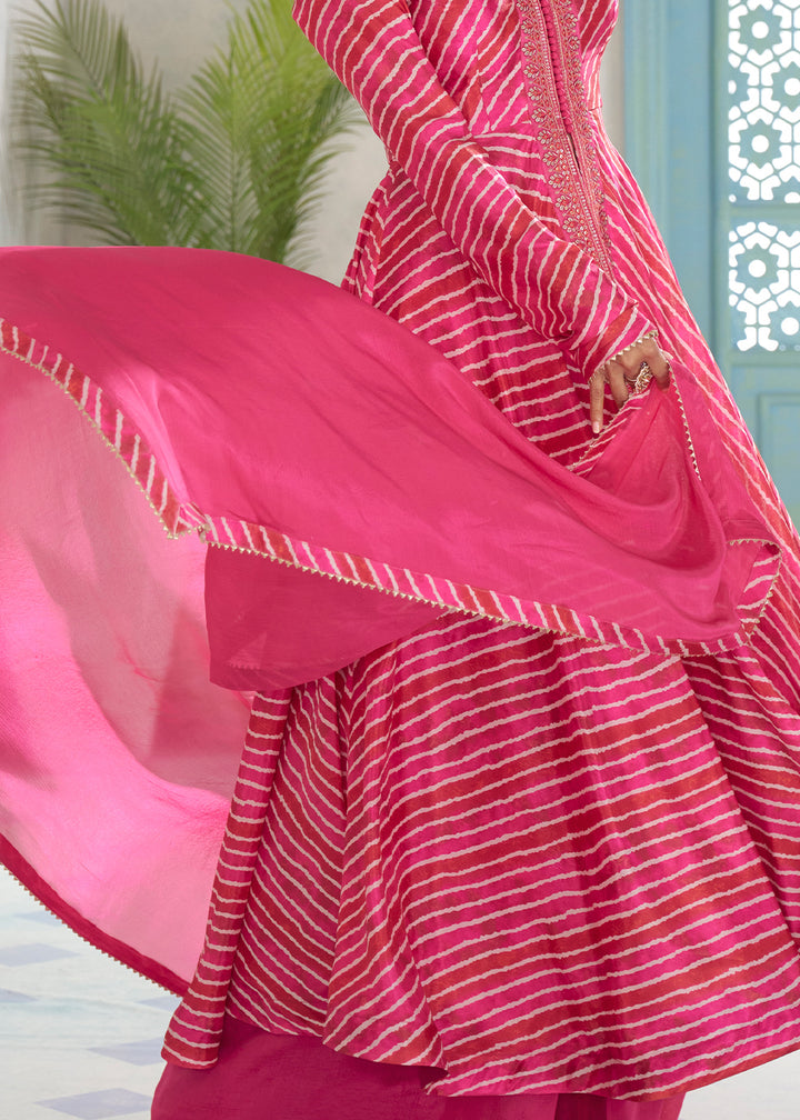 Magenta Pink Chinon Silk Leheriya Palazzo Suit with Mirror Work