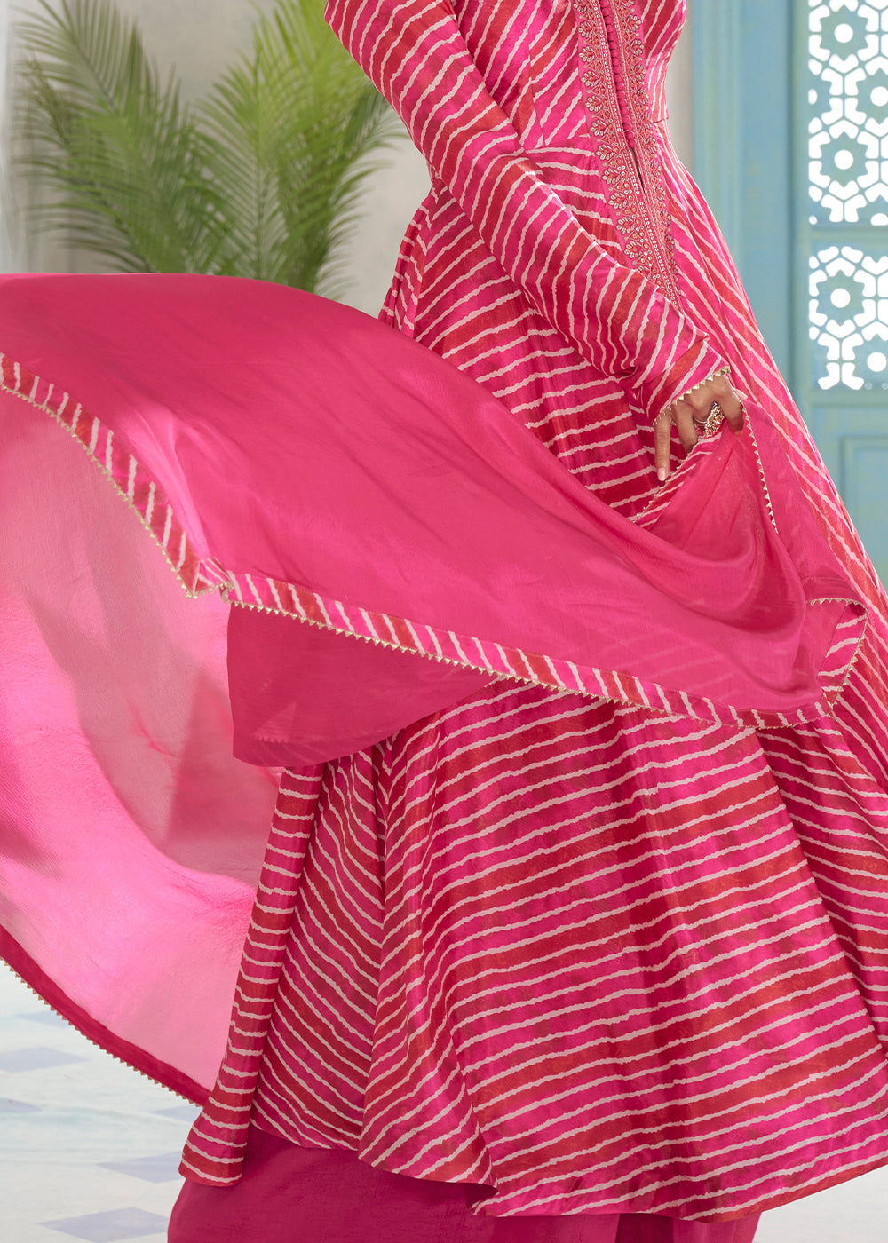 Magenta Pink Chinon Silk Leheriya Palazzo Suit with Mirror Work