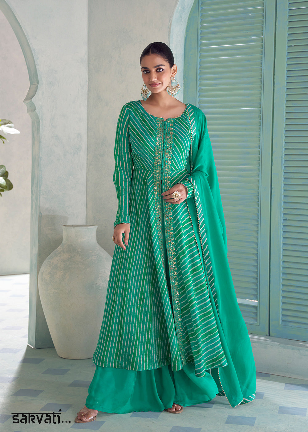 Teal Green Chinon Silk Leheriya Palazzo Suit with Mirror Work