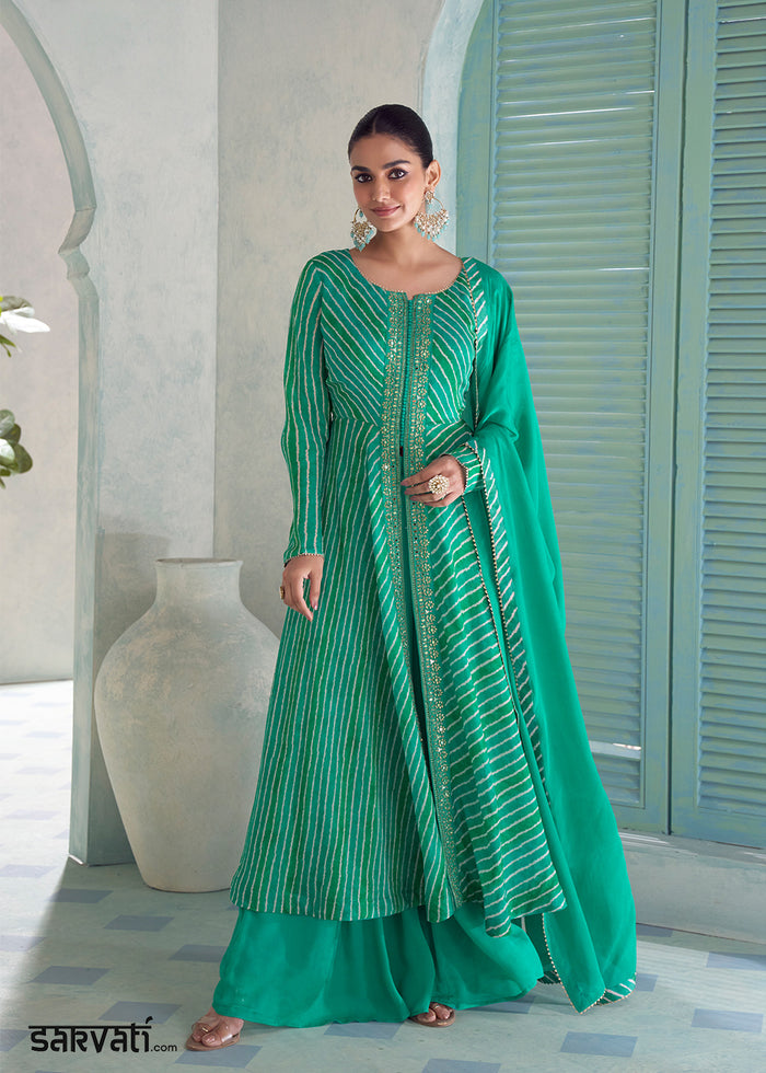 Teal Green Chinon Silk Leheriya Palazzo Suit with Mirror Work