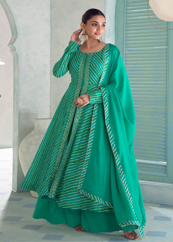 Teal Green Chinon Silk Leheriya Palazzo Suit with Mirror Work