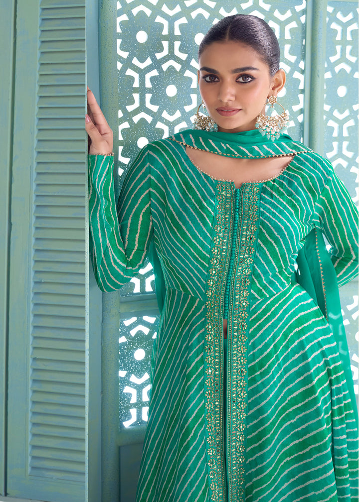 Teal Green Chinon Silk Leheriya Palazzo Suit with Mirror Work
