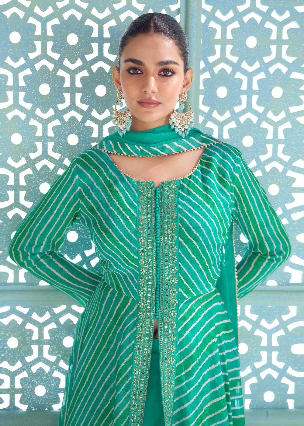 Teal Green Chinon Silk Leheriya Palazzo Suit with Mirror Work