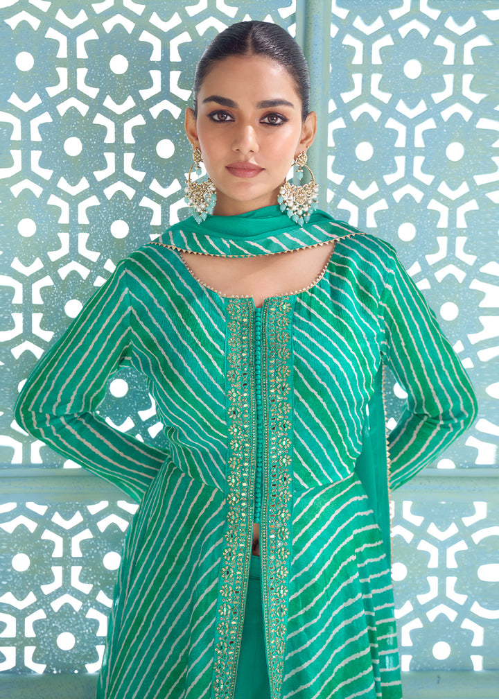 Teal Green Chinon Silk Leheriya Palazzo Suit with Mirror Work