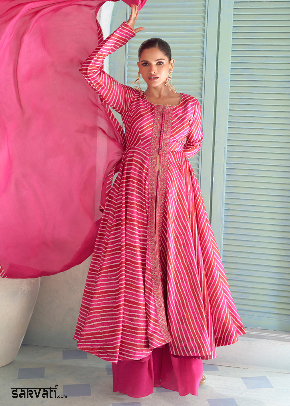 Magenta Pink Chinon Silk Leheriya Palazzo Suit with Mirror Work