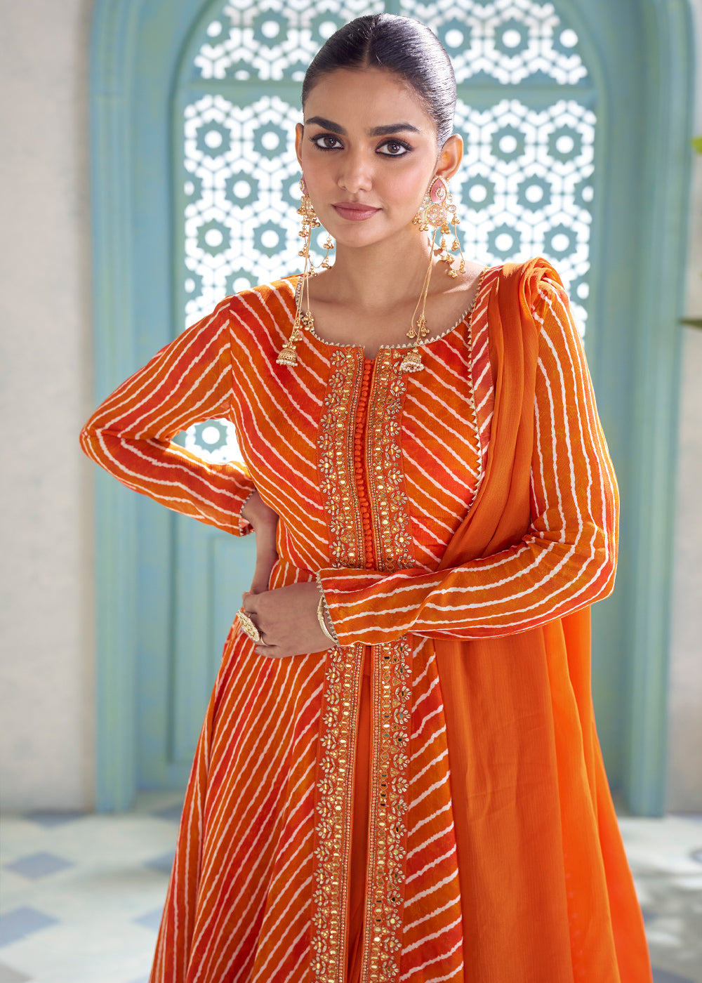 Tiger Orange Chinon Silk Leheriya Palazzo Suit with Mirror Work