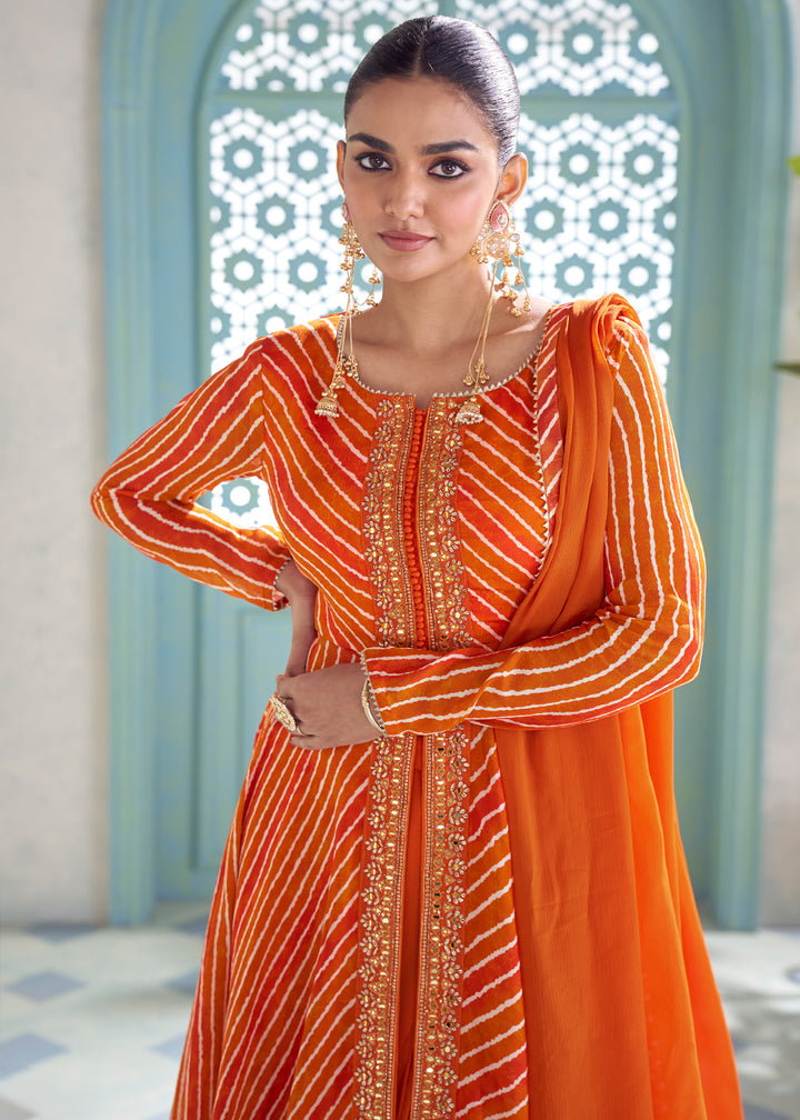 Tiger Orange Chinon Silk Leheriya Palazzo Suit with Mirror Work