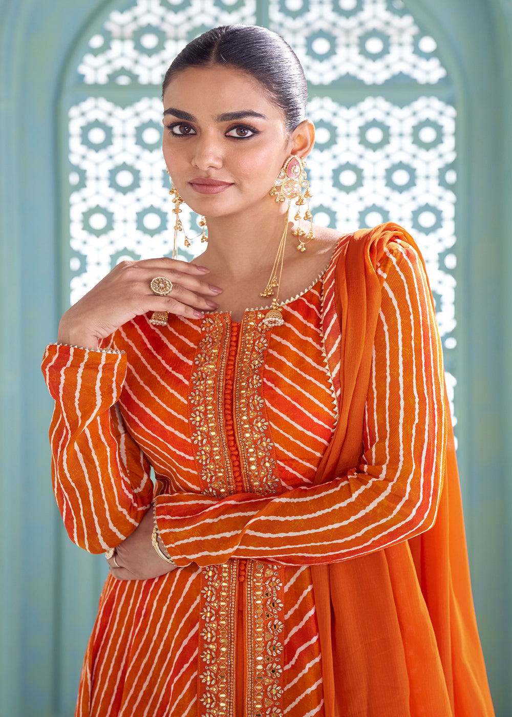 Tiger Orange Chinon Silk Leheriya Palazzo Suit with Mirror Work