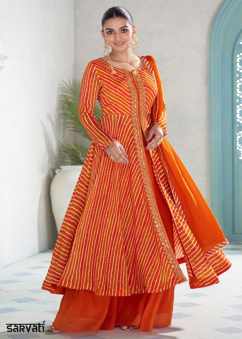 Tiger Orange Chinon Silk Leheriya Palazzo Suit with Mirror Work