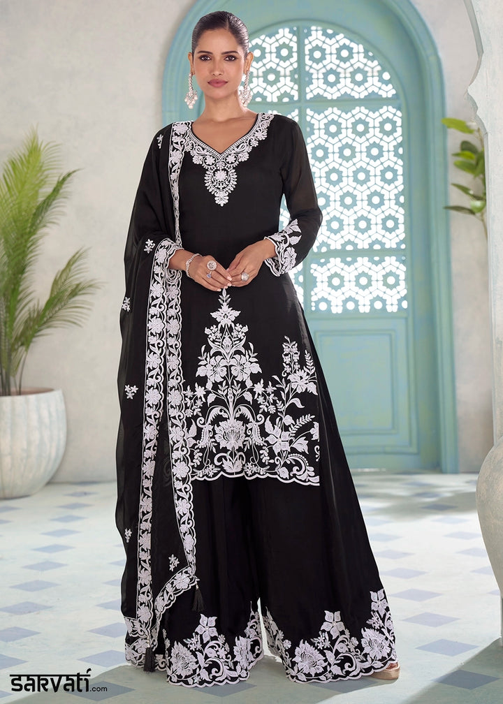 Onyx Black Chinon Silk Palazzo Suit with Intricate Embroidery