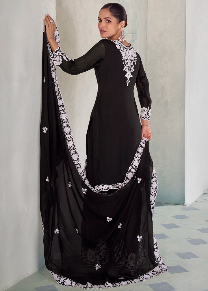 Onyx Black Chinon Silk Palazzo Suit with Intricate Embroidery
