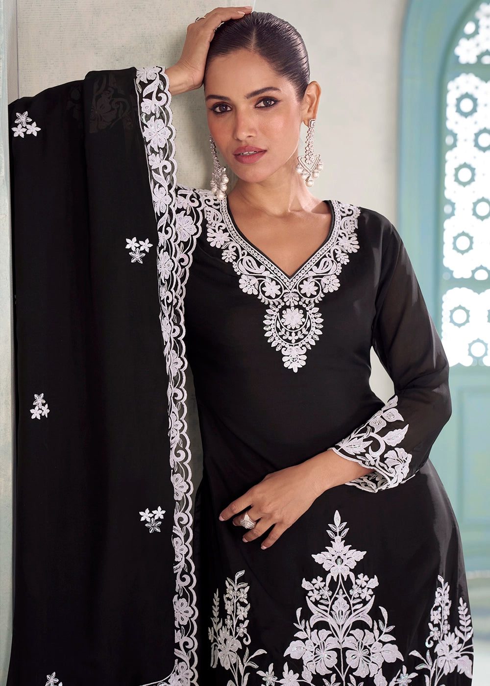 Onyx Black Chinon Silk Palazzo Suit with Intricate Embroidery