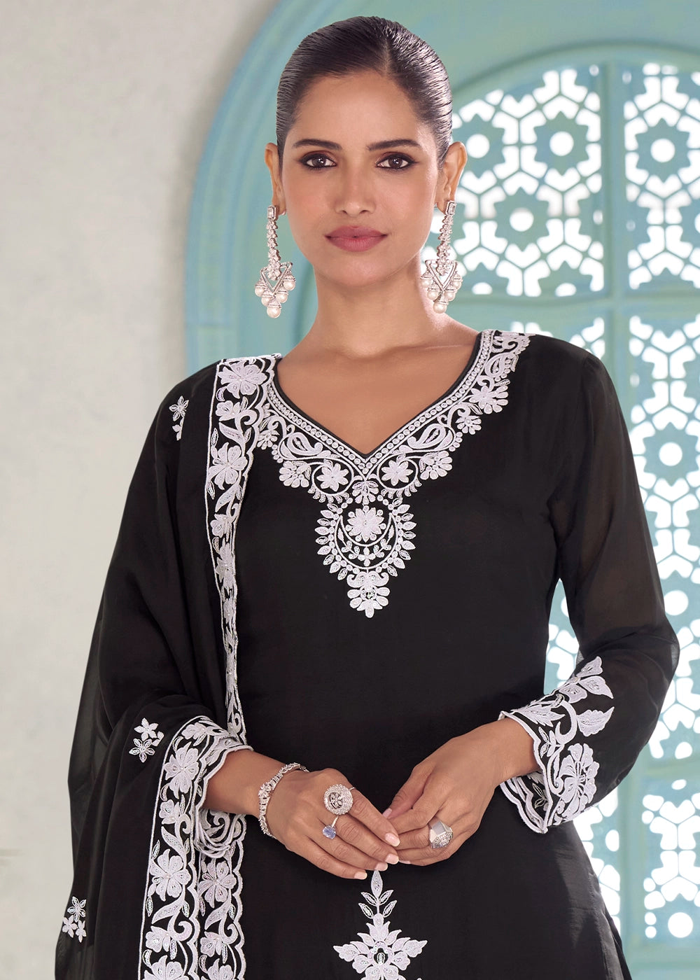 Onyx Black Chinon Silk Palazzo Suit with Intricate Embroidery