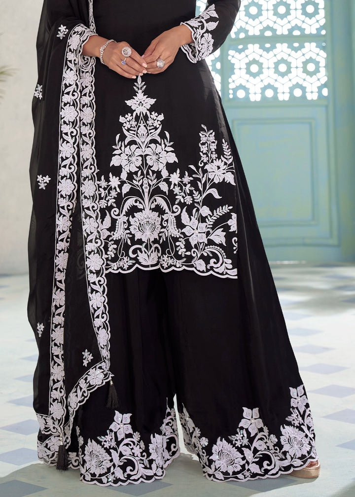 Onyx Black Chinon Silk Palazzo Suit with Intricate Embroidery