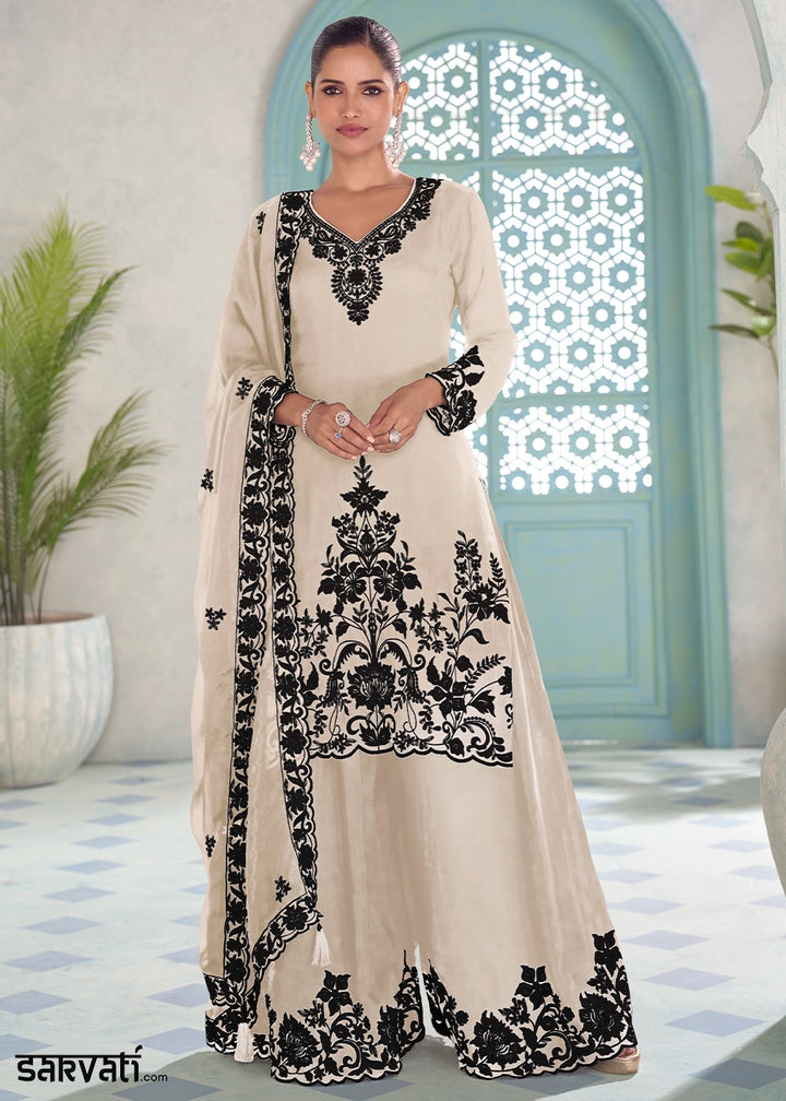 Parchment White Chinon Silk Palazzo Suit with Intricate Embroidery