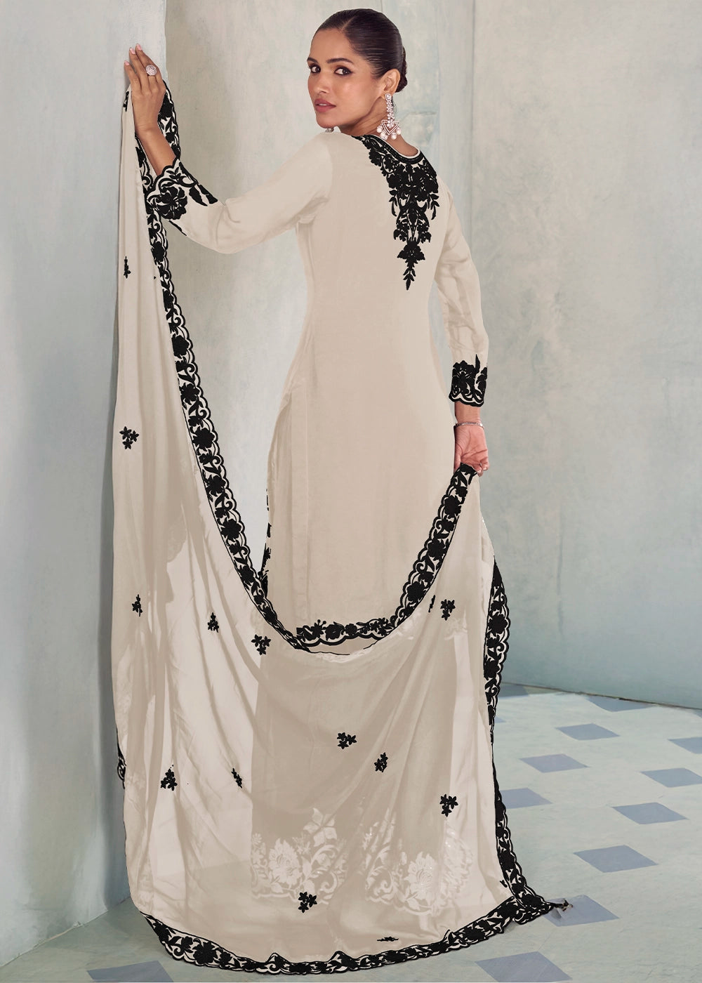 Parchment White Chinon Silk Palazzo Suit with Intricate Embroidery