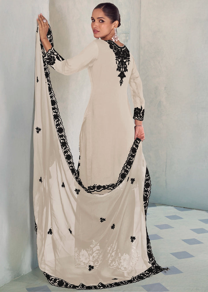 Parchment White Chinon Silk Palazzo Suit with Intricate Embroidery