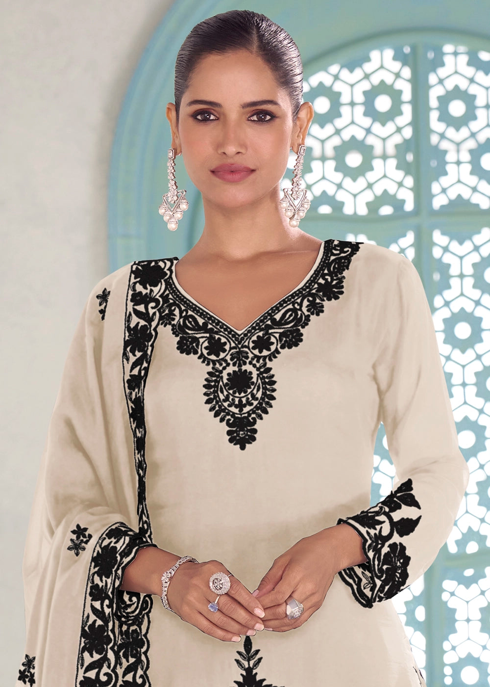 Parchment White Chinon Silk Palazzo Suit with Intricate Embroidery