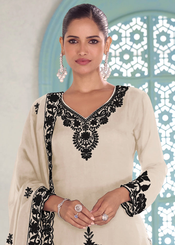 Parchment White Chinon Silk Palazzo Suit with Intricate Embroidery
