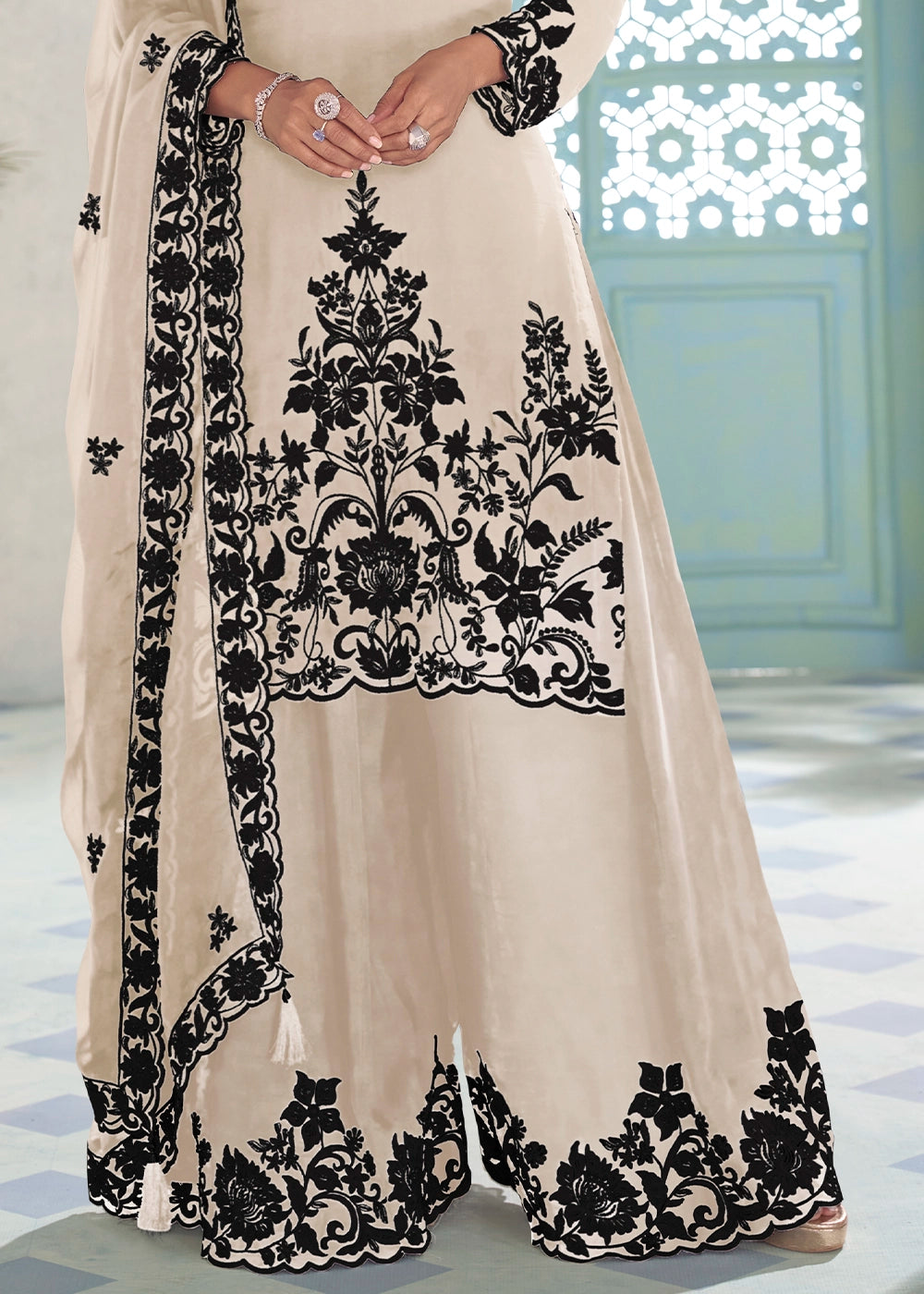 Parchment White Chinon Silk Palazzo Suit with Intricate Embroidery