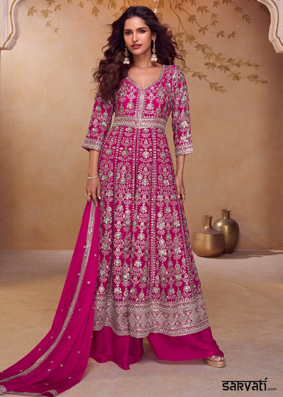 Magenta Pink Chinon Silk Palazzo Suit with Dual-Side Embroidery