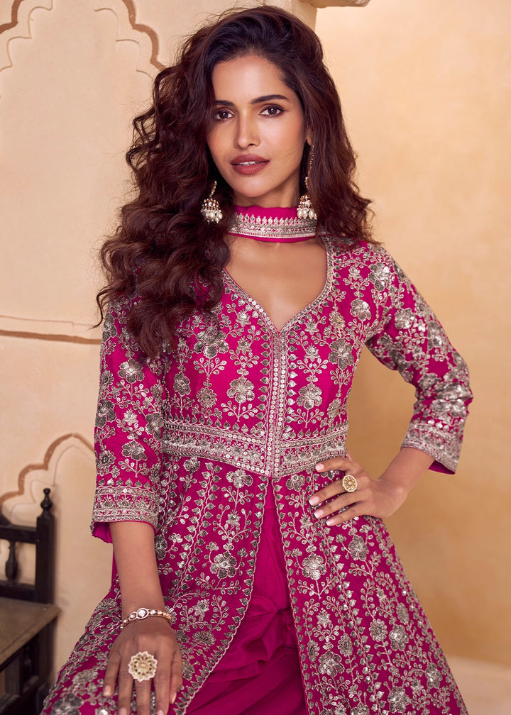 Magenta Pink Chinon Silk Palazzo Suit with Dual-Side Embroidery