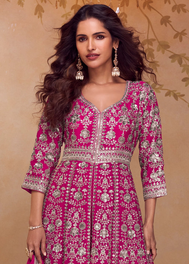 Magenta Pink Chinon Silk Palazzo Suit with Dual-Side Embroidery