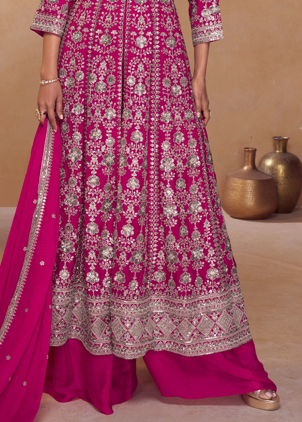 Magenta Pink Chinon Silk Palazzo Suit with Dual-Side Embroidery