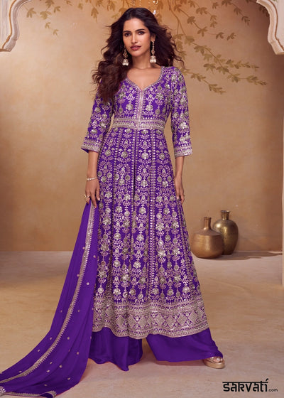 Indigo Purple Chinon Silk Palazzo Suit with Dual-Side Embroidery