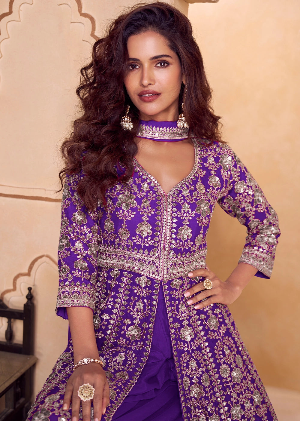 Indigo Purple Chinon Silk Palazzo Suit with Dual-Side Embroidery