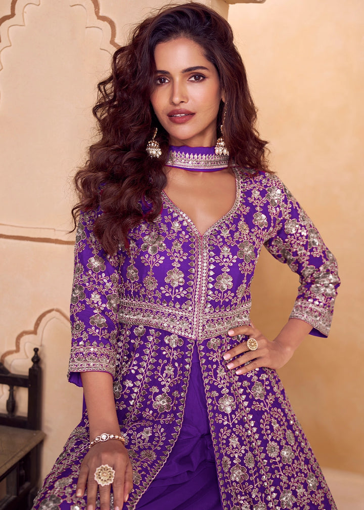 Indigo Purple Chinon Silk Palazzo Suit with Dual-Side Embroidery
