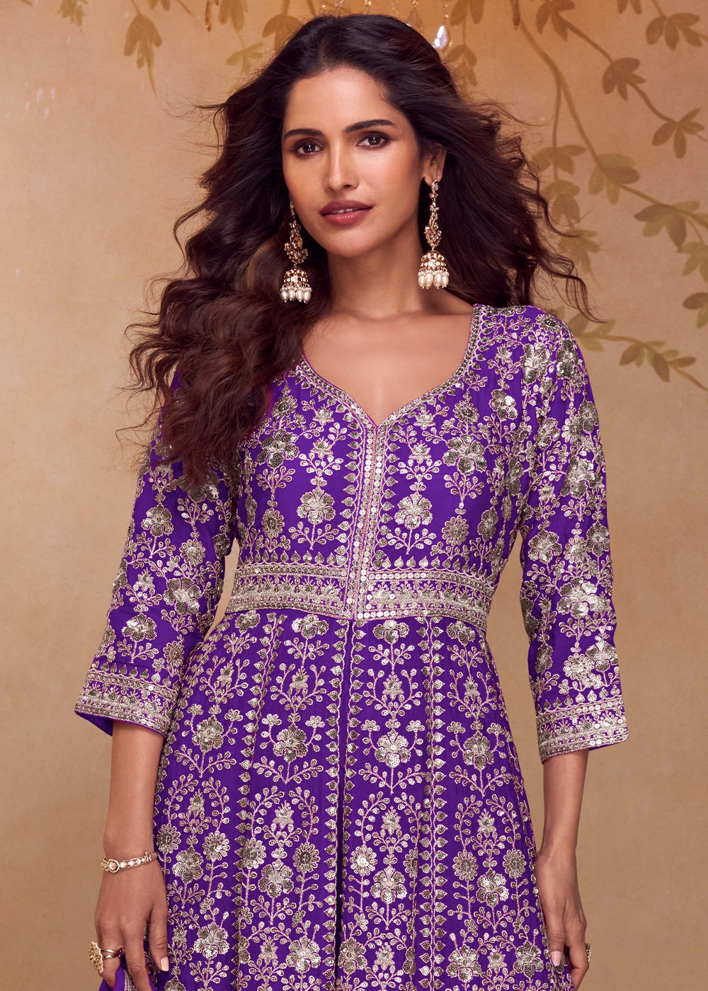 Indigo Purple Chinon Silk Palazzo Suit with Dual-Side Embroidery