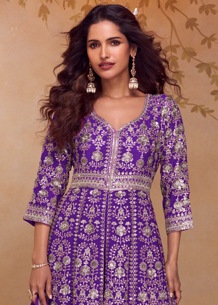 Indigo Purple Chinon Silk Palazzo Suit with Dual-Side Embroidery