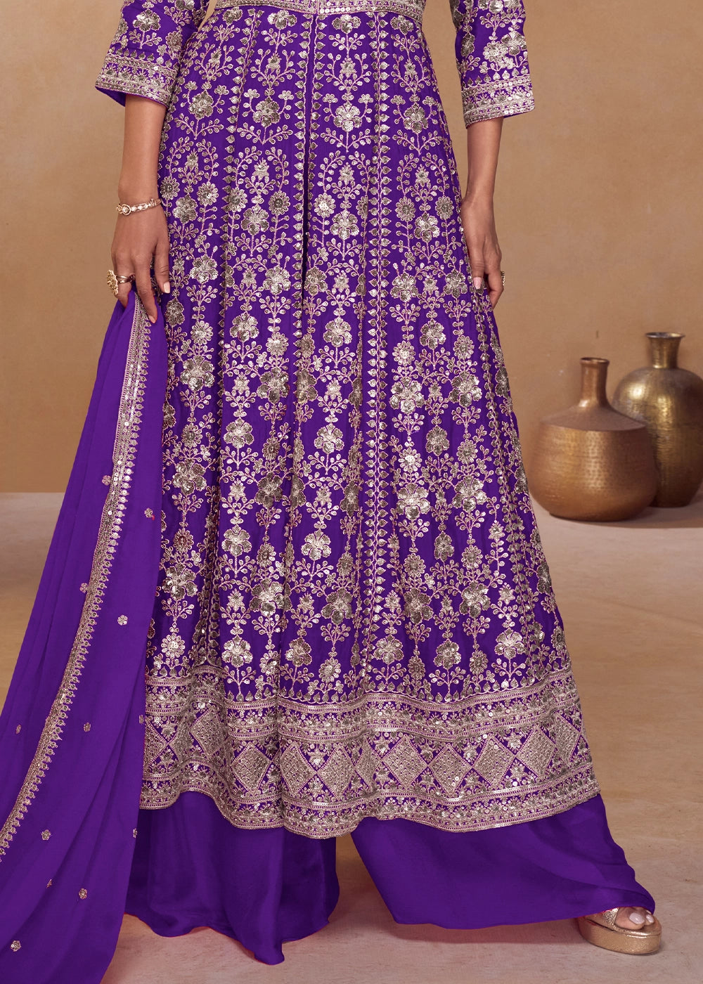 Indigo Purple Chinon Silk Palazzo Suit with Dual-Side Embroidery