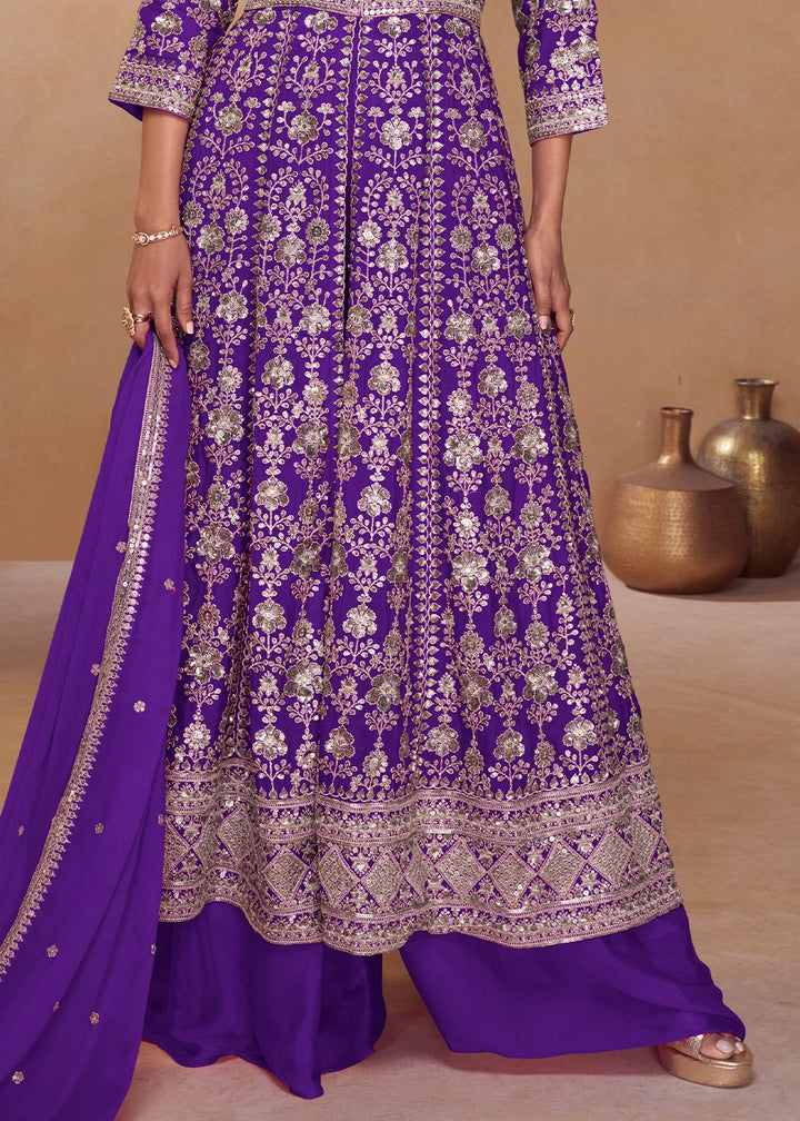 Indigo Purple Chinon Silk Palazzo Suit with Dual-Side Embroidery