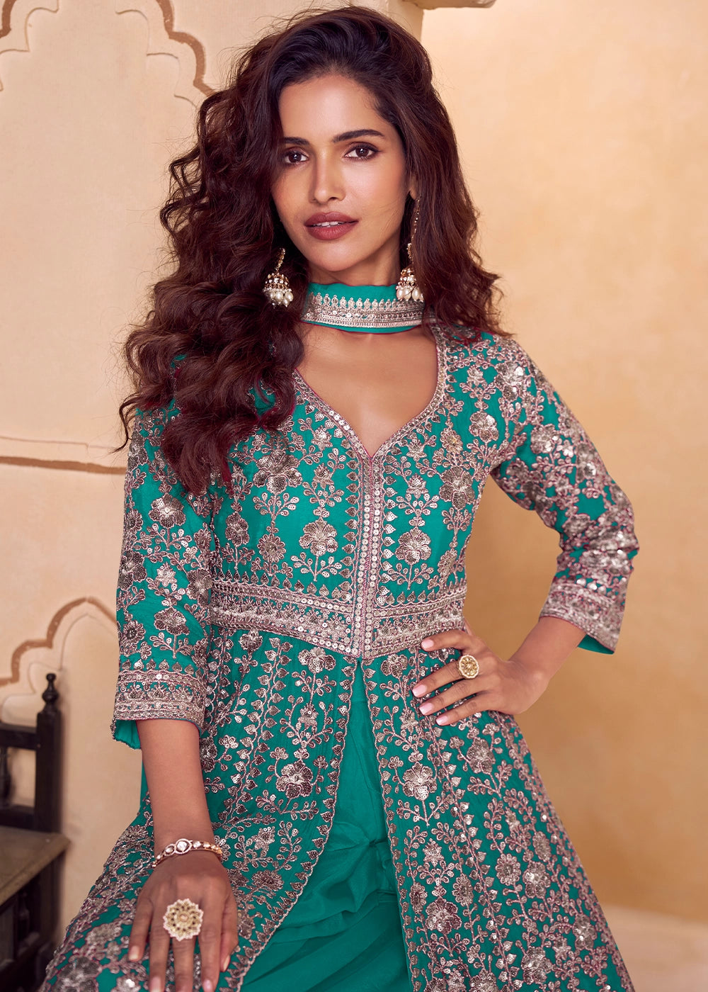 Turquoise Blue Chinon Silk Palazzo Suit with Dual-Side Embroidery