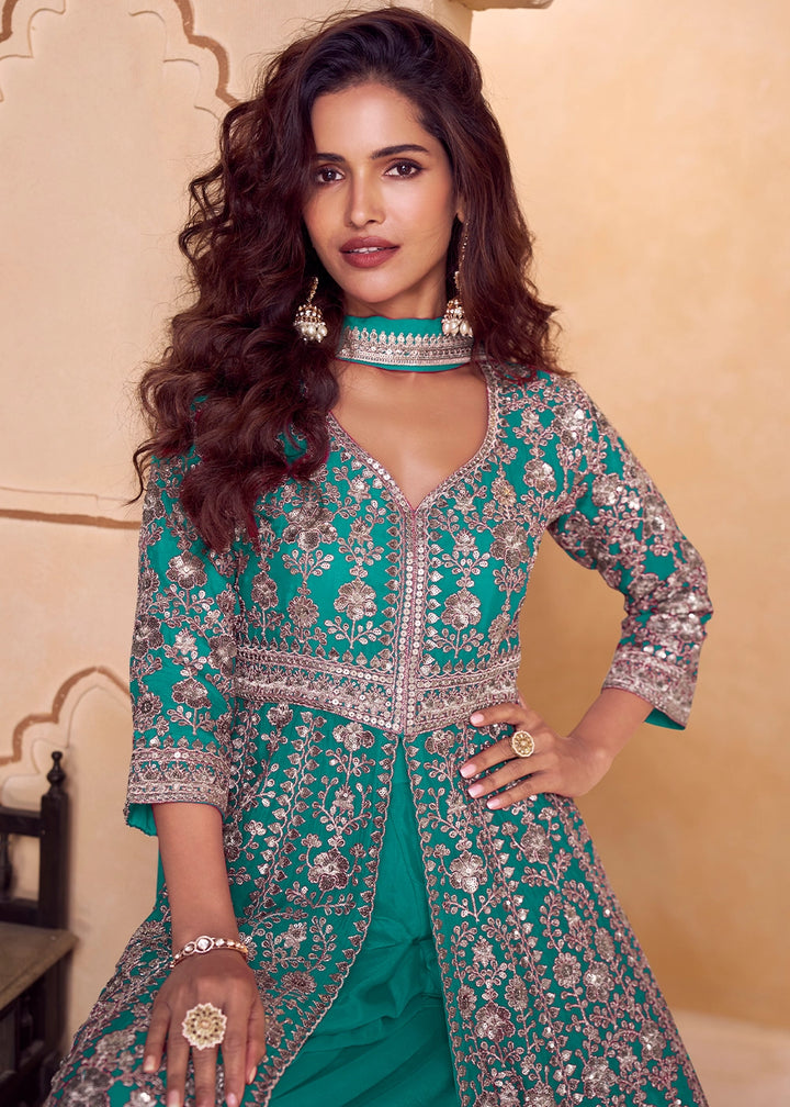 Turquoise Blue Chinon Silk Palazzo Suit with Dual-Side Embroidery