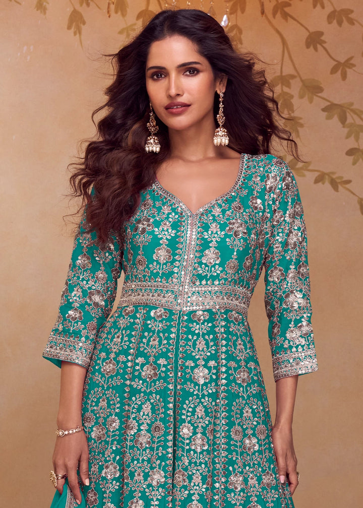 Turquoise Blue Chinon Silk Palazzo Suit with Dual-Side Embroidery