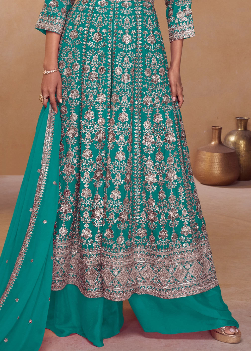 Turquoise Blue Chinon Silk Palazzo Suit with Dual-Side Embroidery