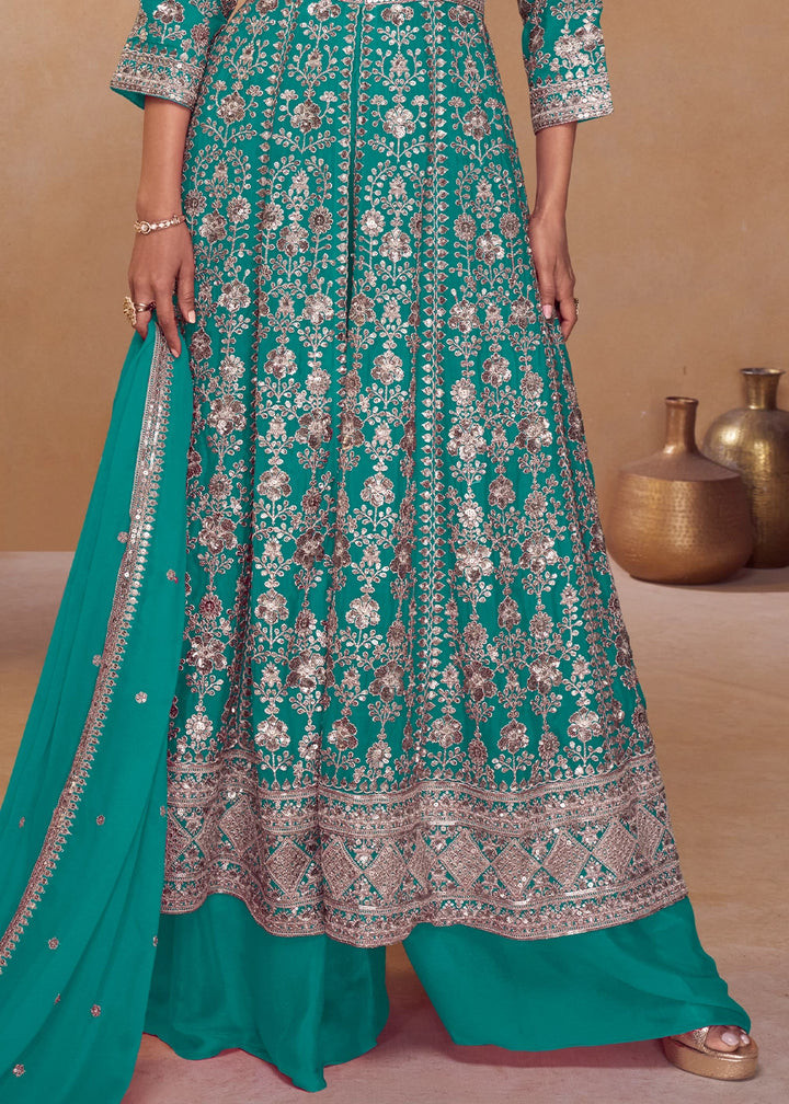 Turquoise Blue Chinon Silk Palazzo Suit with Dual-Side Embroidery
