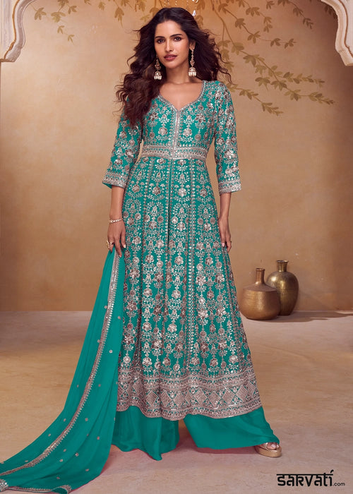 Turquoise Blue Chinon Silk Palazzo Suit with Dual-Side Embroidery