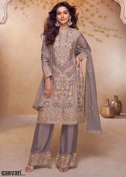 African Purple Chinon Silk Ethnic Suit with Heavy Embroidery