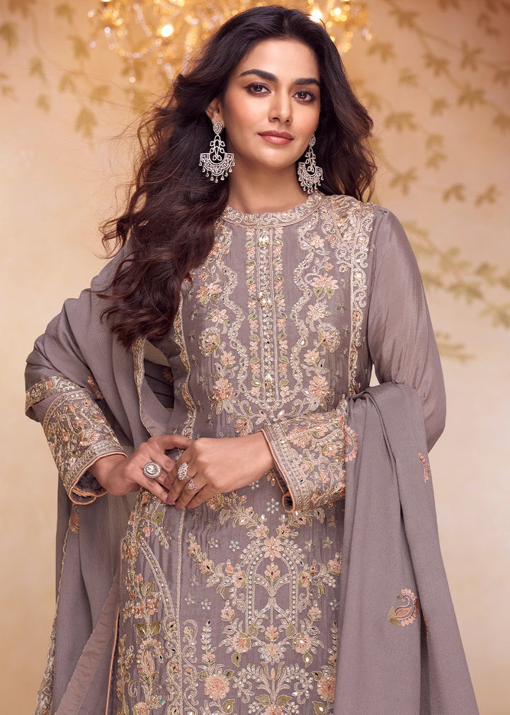 African Purple Chinon Silk Ethnic Suit with Heavy Embroidery