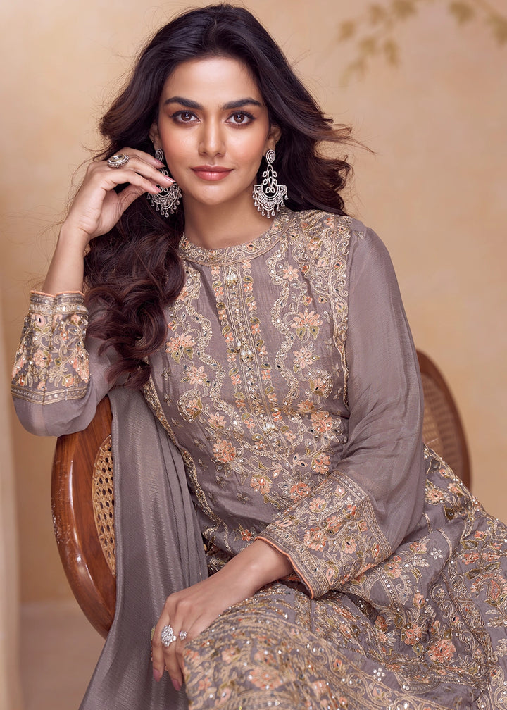 African Purple Chinon Silk Ethnic Suit with Heavy Embroidery