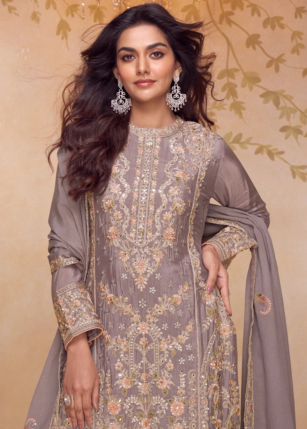 African Purple Chinon Silk Ethnic Suit with Heavy Embroidery