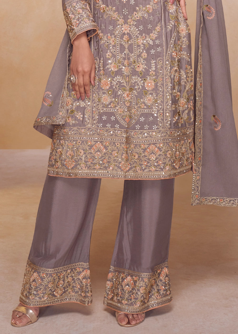 African Purple Chinon Silk Ethnic Suit with Heavy Embroidery